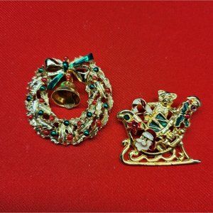 Christmas Pins/ Brooch Set of 2 Christmas Sleigh & Wreath Pin